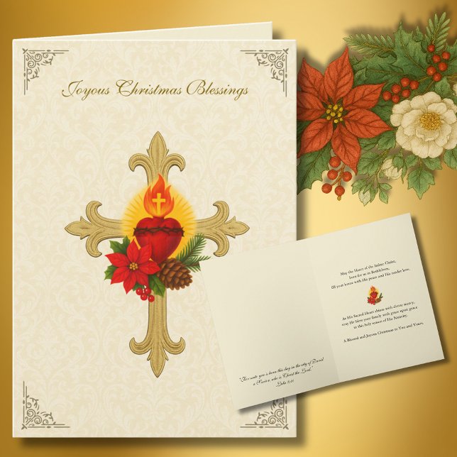Sacred Heart Jesus Christmas Florals Holiday Card (Creator Uploaded)