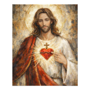 Sacred Heart Jesus Gold Frame Painting Impasto Red Photo Print