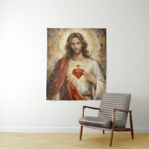 Sacred Heart Jesus Gold Frame Painting Impasto Tapestry