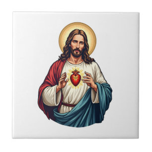 Sacred Heart Jesus Vintage Engraving Tee 2 Ceramic Tile