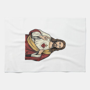 Sacred Heart Jesus Vintage Engraving Vector Art_1 Tea Towel