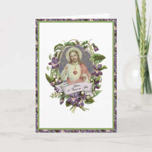 Sacred Heart Jesus Violet Floral Vintage Prayer Card