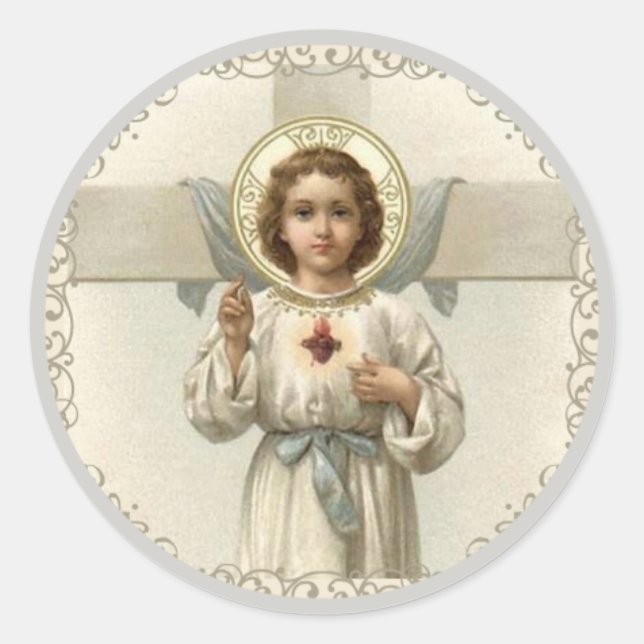 Sacred Heart of Child Jesus with Cross Classic Round Sticker (Front)