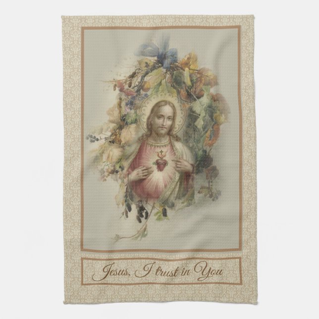 Sacred Heart of Jesus  Autumn Floral Thanksgiving Tea Towel (Vertical)