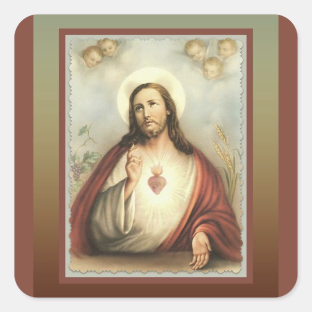 Sacred Heart of Jesus Cherub Angels Square Sticker (Front)