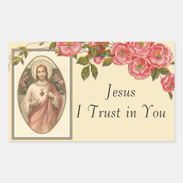 Sacred Heart of Jesus Floral Border Rectangular Sticker (Front)
