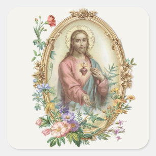 SACRED HEART OF JESUS FLORAL RELIGIOUS  SQUARE STICKER