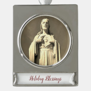 Sacred Heart of Jesus Holiday Blessings Silver Plated Banner Ornament