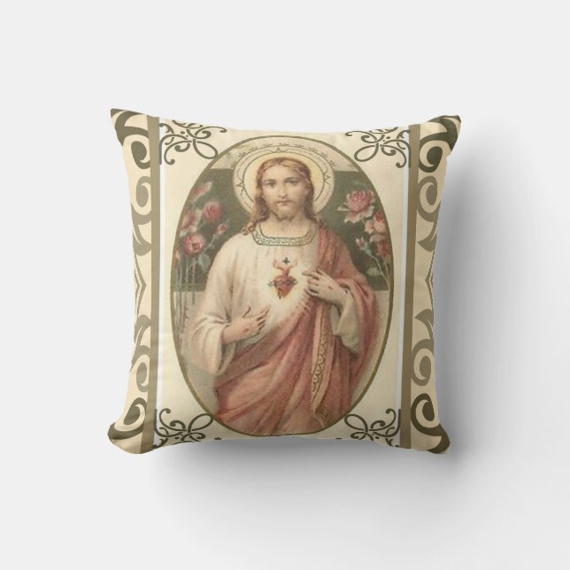 Sacred Heart of Jesus w/pink roses Cushion (Front)