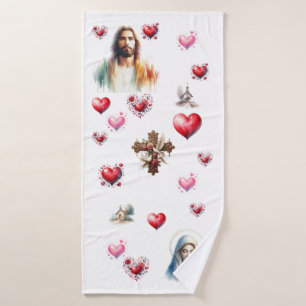 Sacred Hearts of Jesus and Mary – Watercolor Chris Bath Towel