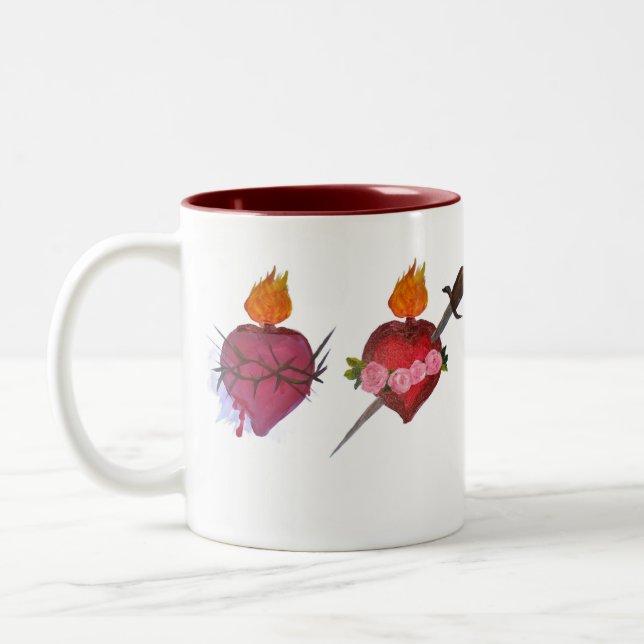 Sacred & Immaculate Hearts of Jesus & Mary Two-Tone Coffee Mug (Left)