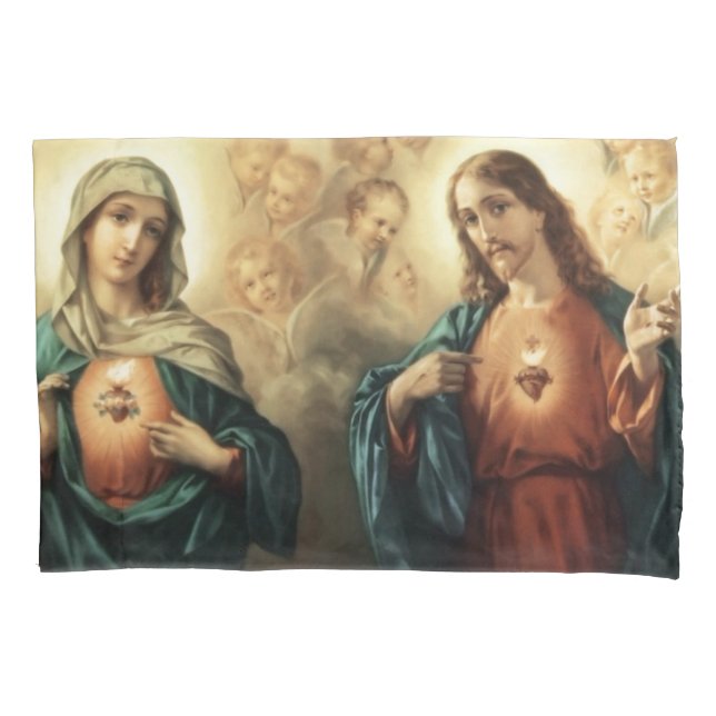 Sacred Jesus Immaculate Heart Mary Angels Cherubs Pillowcase (Front)