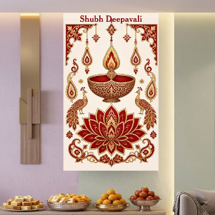 Sacred Lotus Diwali Lamp Festival of Light Peacock Banner