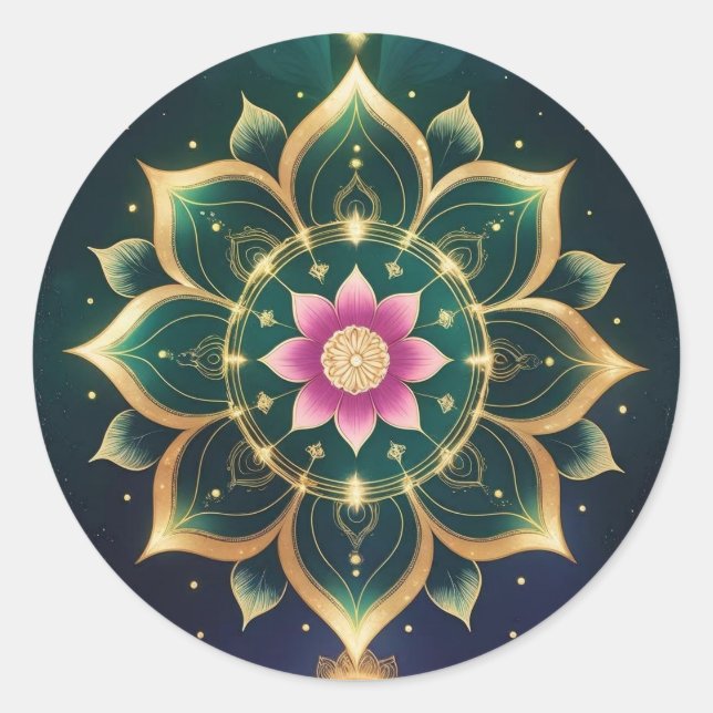 Sacred Lotus Moon Mandala – Celestial Aura Classic Round Sticker (Front)