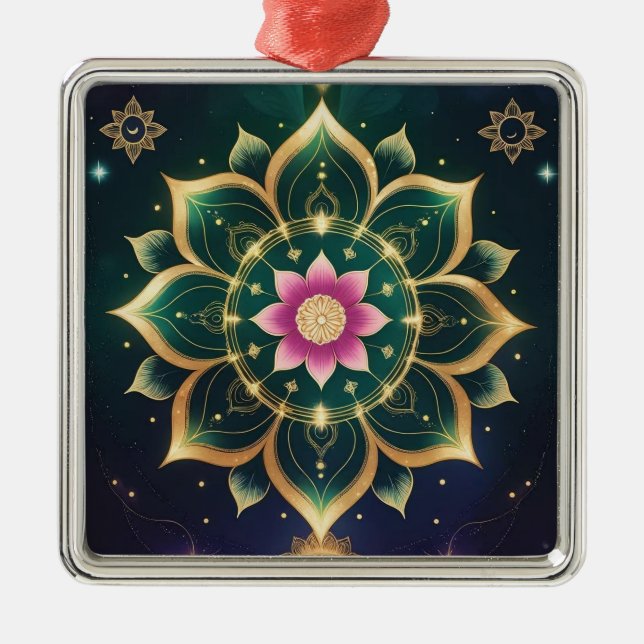 Sacred Lotus Moon Mandala – Celestial Aura Metal Ornament (Front)