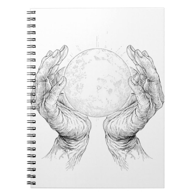 Sacred Moon Held by Weathered Hands Notebook (Front)