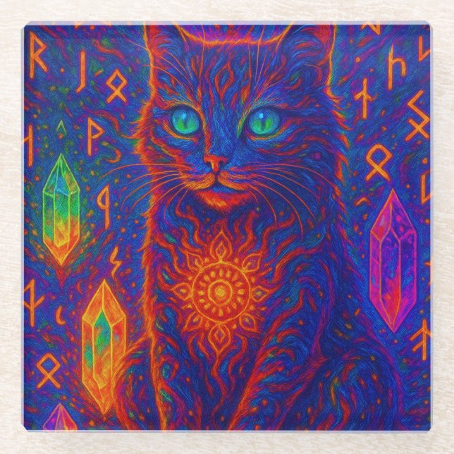 Sacred Neon Cat Glass Coaster (Front)