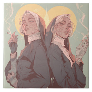 Sacred Rebels: Dreamlike Nun Aesthetic with Graffi Ceramic Tile