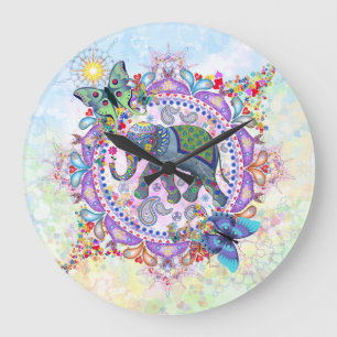Sacred Tribal Henna Elephant large clock