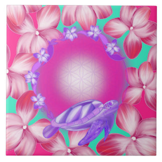 Sacred Turtle, Flower of Life & Floral Design Ceramic Tile
