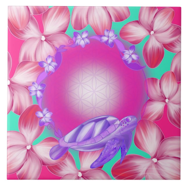 Sacred Turtle, Flower of Life & Floral Design Ceramic Tile (Front)