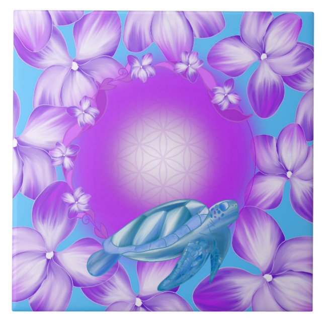 Sacred Turtle, Flower of Life & Floral Design Ceramic Tile (Front)
