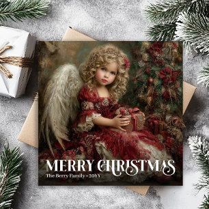 Sacred Victorian Angel Deep Red Gold Christmas  Holiday Card
