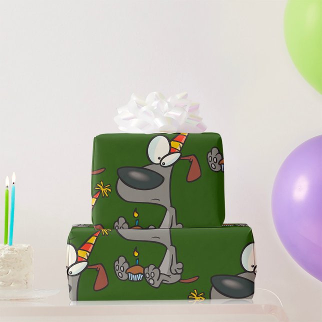 Sad Birthday Dog Cartoon with Cupcake Wrapping Paper (Creator Uploaded)
