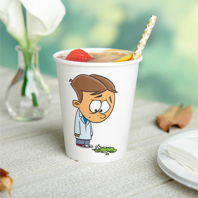 Sad Boy Scientist with Broken Experiment Paper Cups (Creator Uploaded)