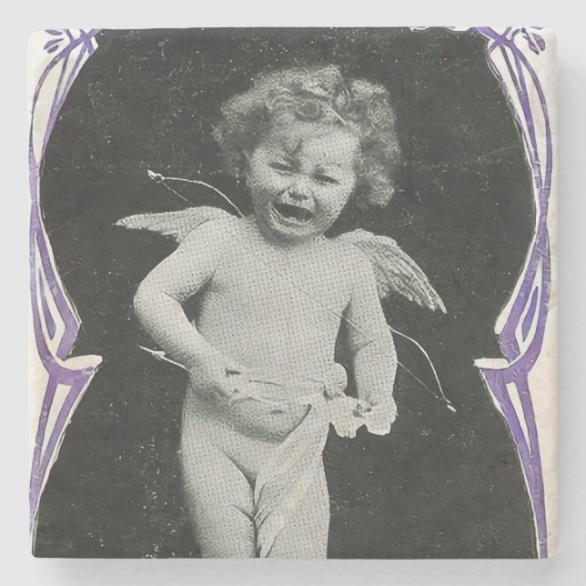 Sad Cherub Angel Print Stone Coaster (Front)