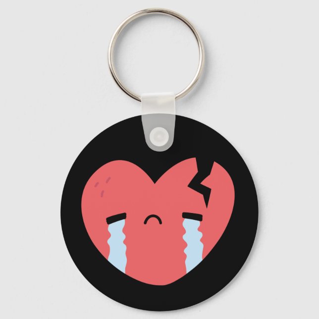 Sad Crying Broken Heart Face Emoji Black Key Ring (Front)