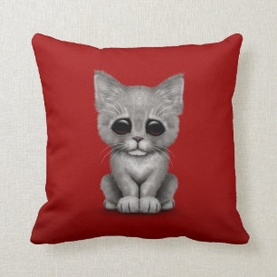 Sad Cute Grey Kitten Cat on Red Cushion