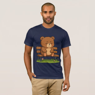 Sad Cute Teddy Bear on Bench – Emotional Cartoon T-Shirt
