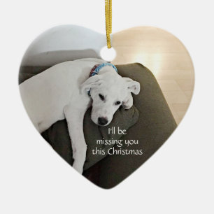 Sad Cute White Dog Missing You Heart Christmas Ceramic Ornament