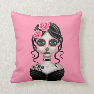 Sad Day of the Dead Girl on Pink Cushion