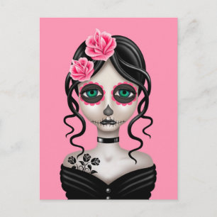 Sad Day of the Dead Girl on Pink Postcard