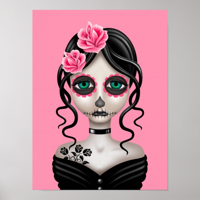 Sad Day of the Dead Girl on Pink Poster (Front)