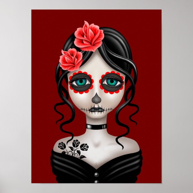Sad Day of the Dead Girl on Red Poster (Front)