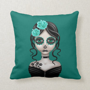 Sad Day of the Dead Girl on Teal Blue Cushion