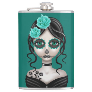 Sad Day of the Dead Girl on Teal Blue Hip Flask