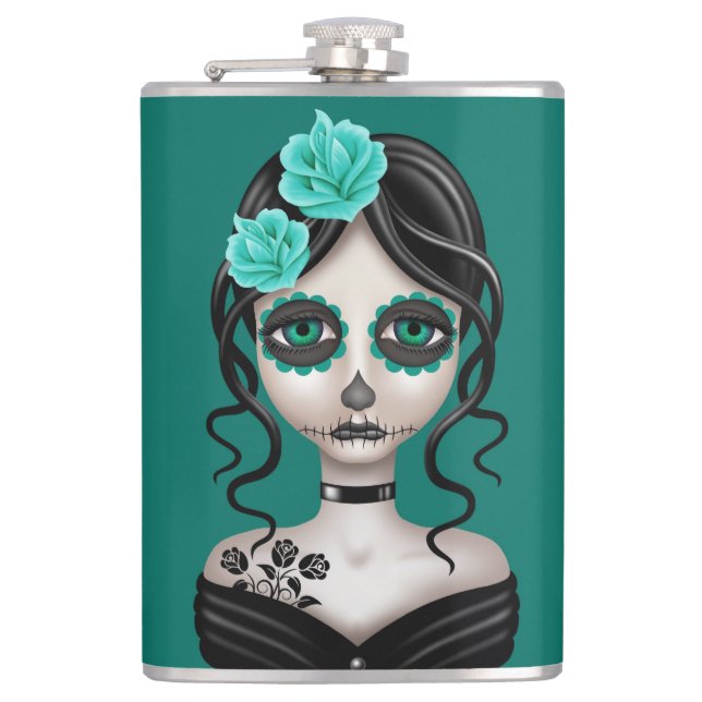 Sad Day of the Dead Girl on Teal Blue Hip Flask (Front)