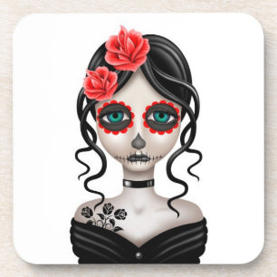 Sad Day of the Dead Girl on White Coaster