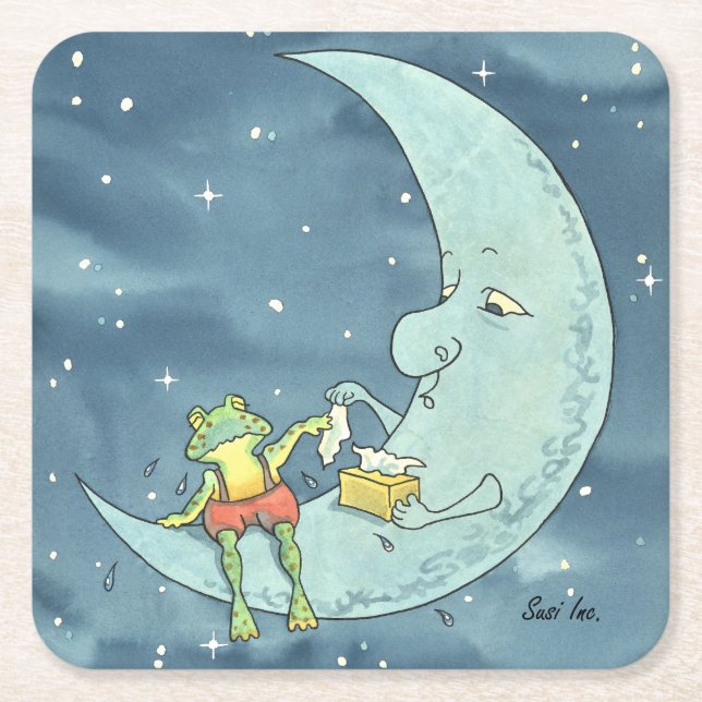 Sad Frog on Moon Square Paper Coaster (Front)