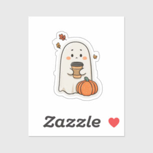  Sad Ghost with Coffee Sticker – Cute Autumn Carto