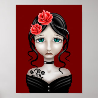 Sad Girl with Red Roses Poster