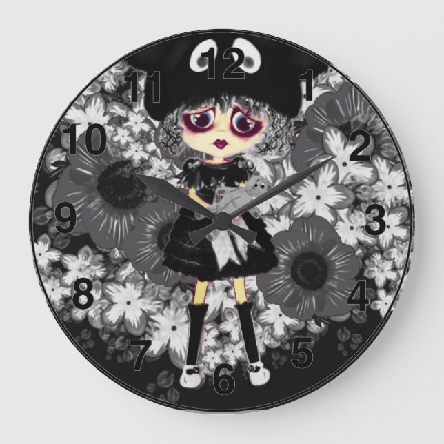 Sad Goth Girl - Kawaii Chibi cartoon Large Clock (Front)