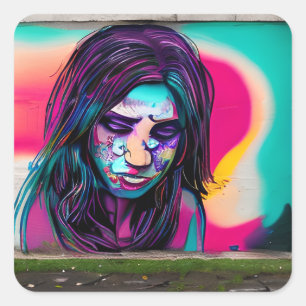 Sad Graffiti Girl   Colorful Street Art Square Sticker