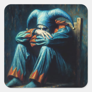 Sad Jester In Blue and Orange  Square Sticker