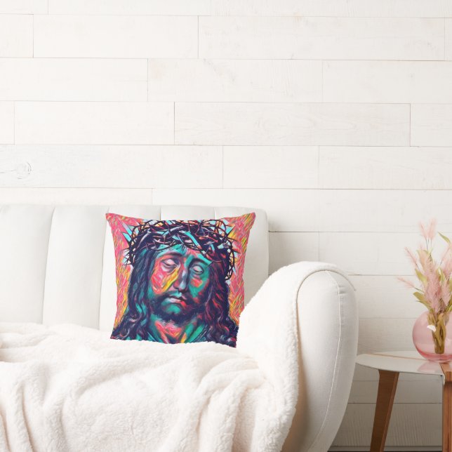 Sad Jesus Christ Face Thorn Crown Abstract art Cushion (Couch)