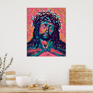 Sad Jesus Christ Face Thorn Crown Abstract art Poster